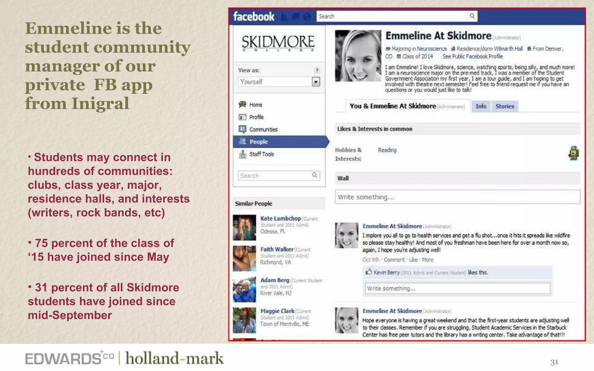 Emmeline is the student community manager of our private  FB app  from Inigral  Students may connect in hundreds of communities: clubs, class year, major, residence halls, and interests (writers, rock bands, etc)  75 percent of the class of  ‘ 15 have joined since May  31 percent of all Skidmore students have joined since mid-September  
