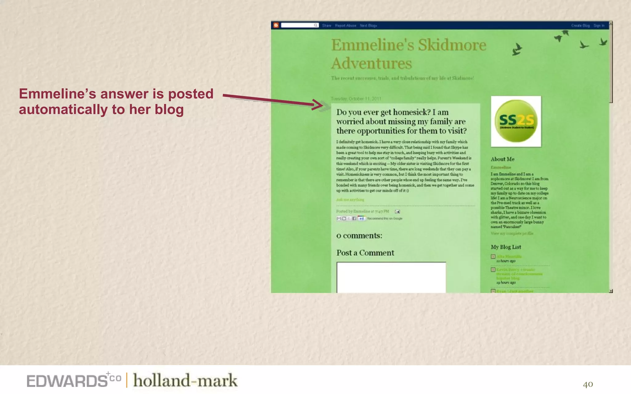 Emmeline ’s answer is posted automatically to her blog  