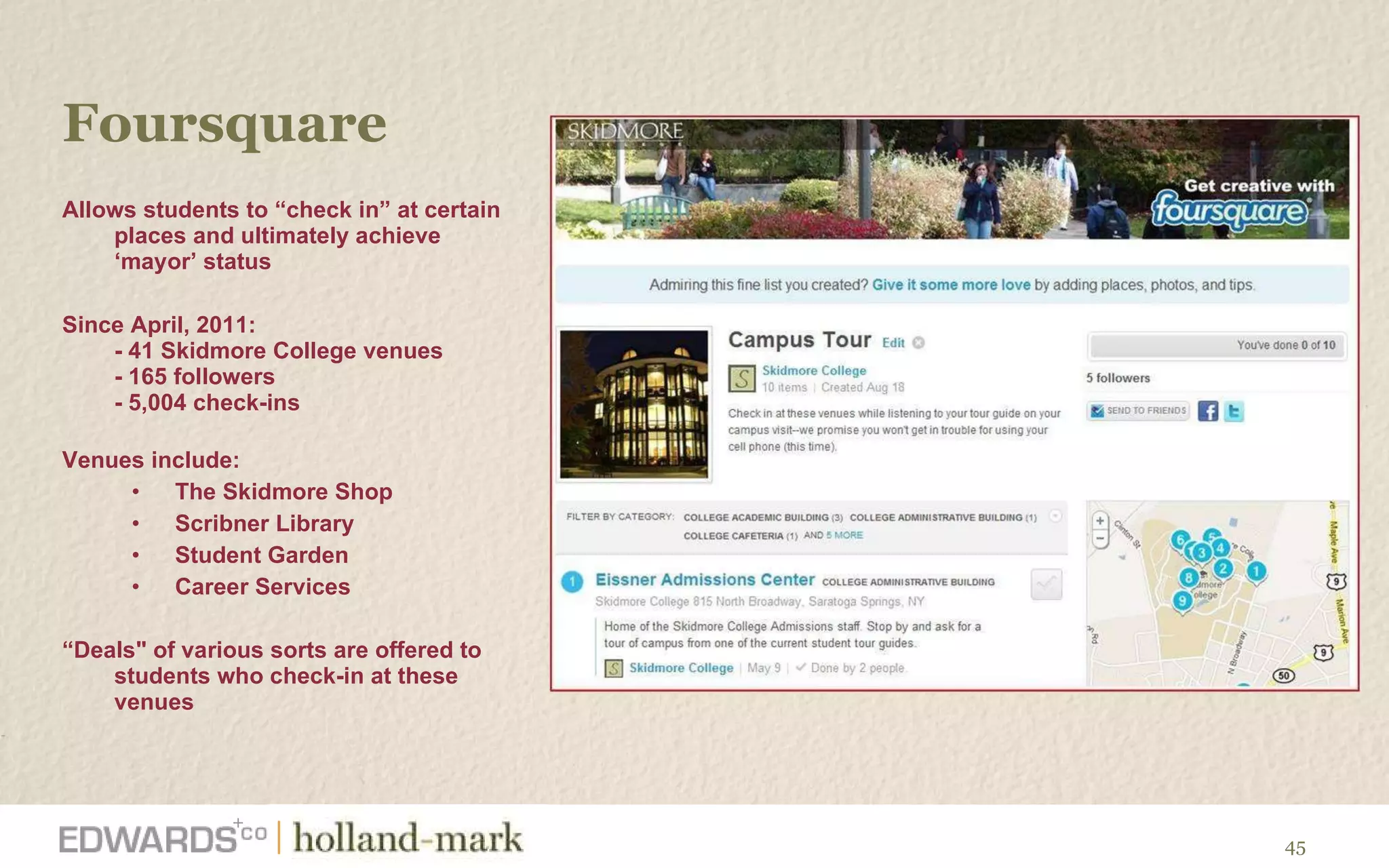 Foursquare  Allows students to  “check in” at certain places and ultimately achieve ‘mayor’ status Since April, 2011: - 41 Skidmore College venues  - 165 followers  - 5,004 check-ins  Venues include: The Skidmore Shop Scribner Library Student Garden Career Services  “ Deals" of various sorts are offered to students who check-in at these venues  