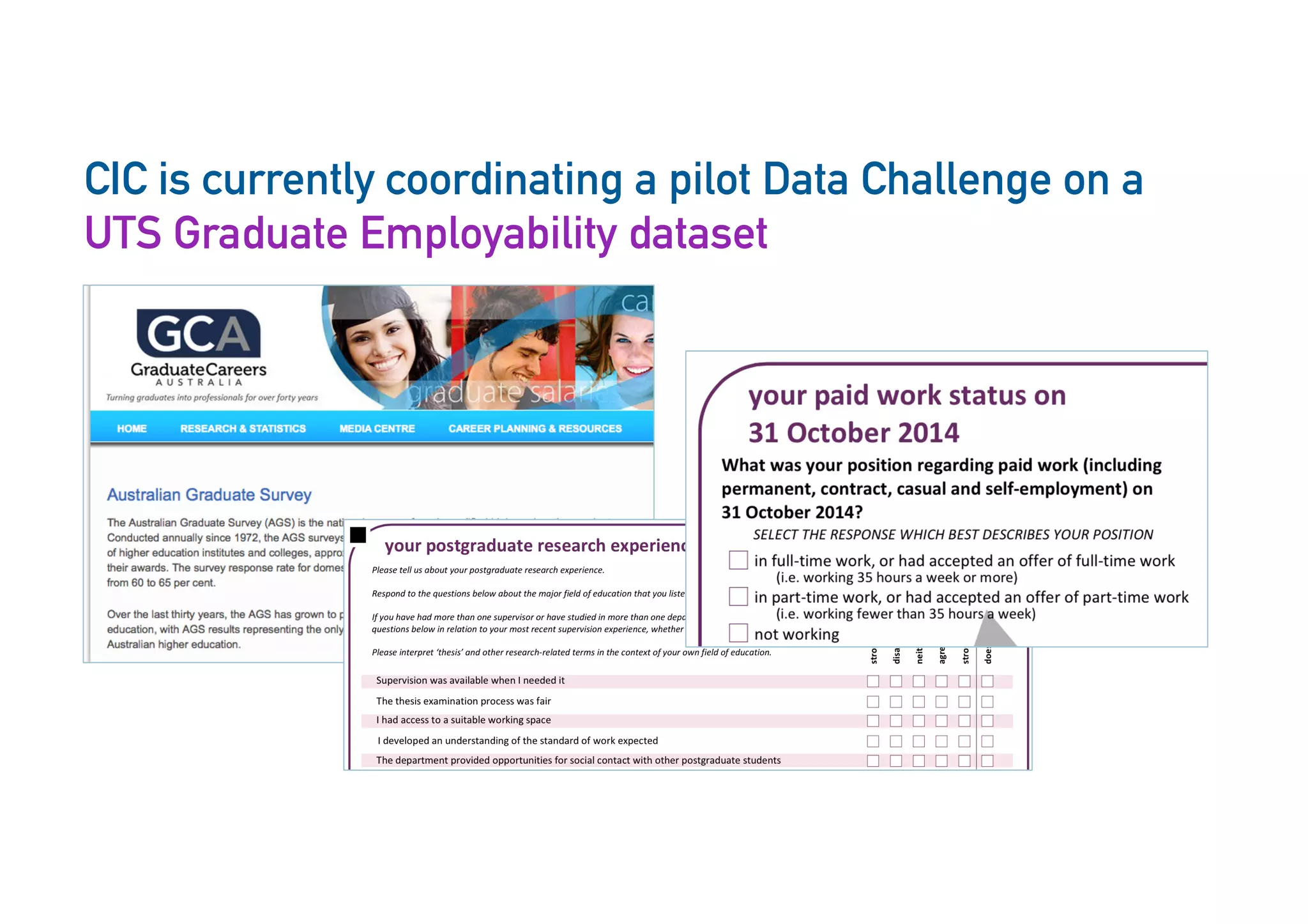 CIC is currently coordinating a pilot Data Challenge on a
UTS Graduate Employability dataset
 