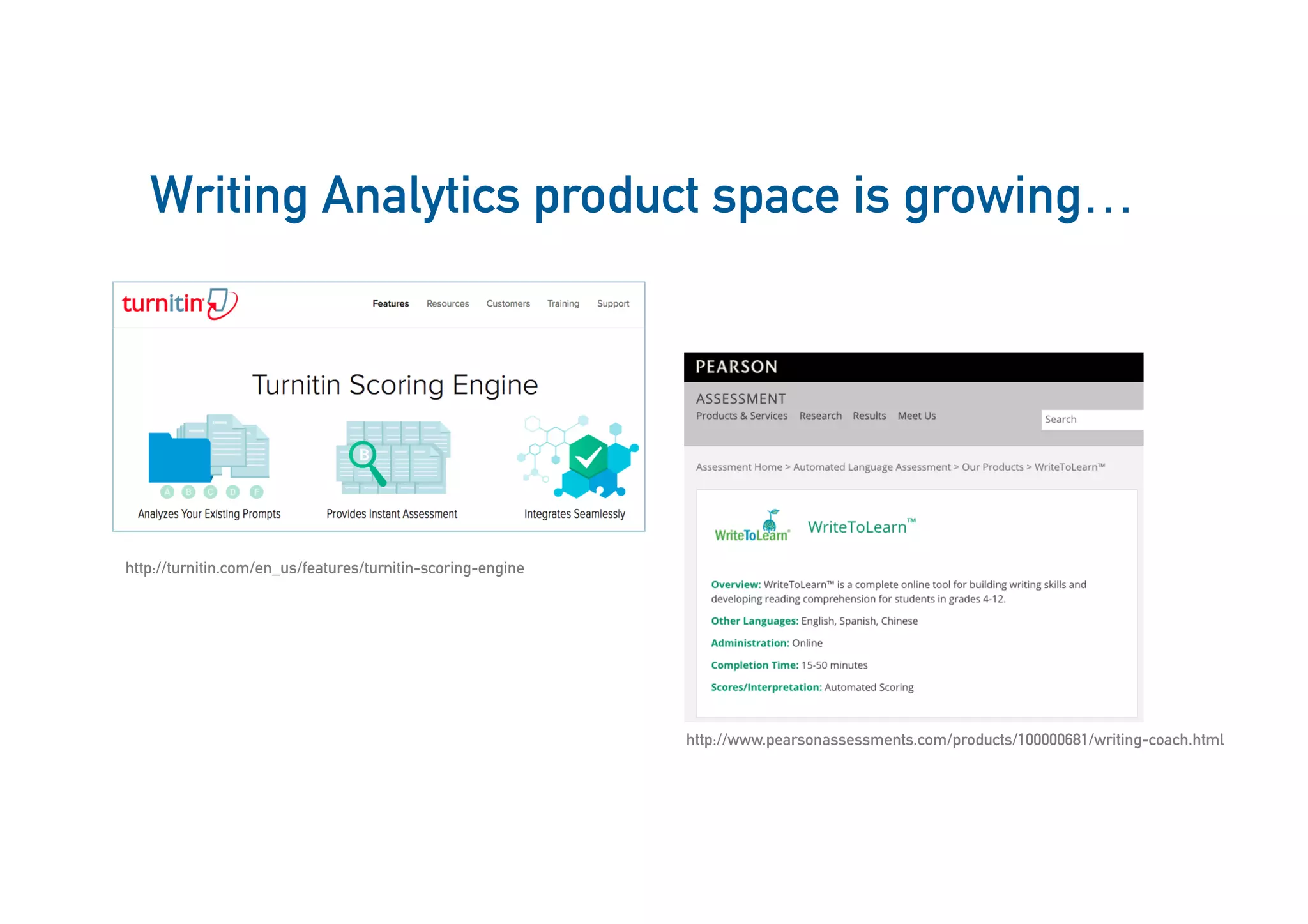 Writing Analytics product space is growing…
31
http://turnitin.com/en_us/features/turnitin-scoring-engine
http://www.pearsonassessments.com/products/100000681/writing-coach.html
 