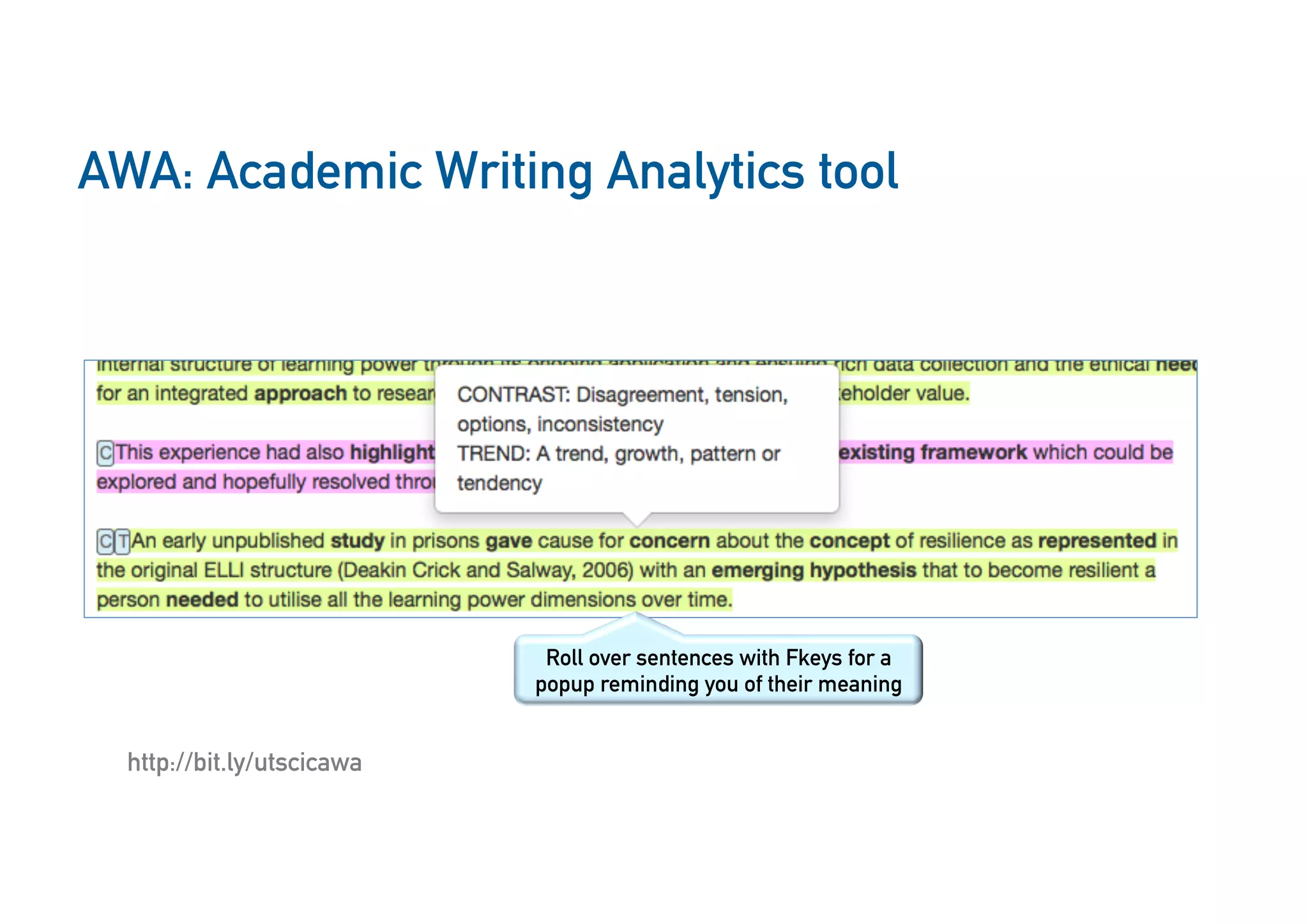AWA: Academic Writing Analytics tool
36
Roll over sentences with Fkeys for a
popup reminding you of their meaning
http://bit.ly/utscicawa
 