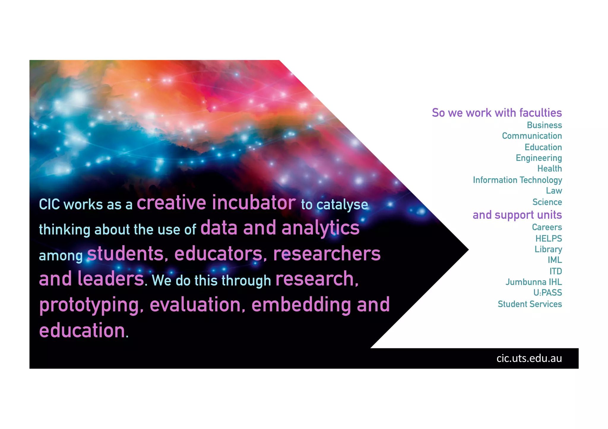 cic.uts.edu.au	
  
CIC works as a creative incubator to catalyse
thinking about the use of data and analytics
among students, educators, researchers
and leaders. We do this through research,
prototyping, evaluation, embedding and
education.
So we work with faculties
Business
Communication
Education
Engineering
Health
Information Technology
Law
Science
and support units
Careers
HELPS
Library
IML
ITD
Jumbunna IHL
U:PASS
Student Services
 