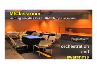 Design drivers:
orchestration
and
awareness
MtClassroom
learning analytics in a multi-tabletop classroom
 