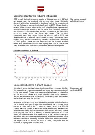 Latvia
Swedbank Baltic Sea Analysis No. 17 • 25 September 2008 33
Economic slowdown is reducing imbalances
GDP growth during the second quarter of this year was only 0.2% at
an annual rate, the weakest rate in over nine years. Domestic
demand, which has accounted for the large part of the expansion of
the last 3-5 years, has declined significantly in 2008. Slower lending
growth, falling housing prices and a high rate of inflation have caused
a drop in consumer spending. At the same time that retail spending
has shrunk for six consecutive months, households are becoming
more concerned about the future job market. The declining
investment trend that began during the second half of 2007 has
accelerated due in no small part to slower housing construction. With
exports rising and imports declining, net exports contributed positively
to GDP growth. Weak imports have reduced the current account
deficit as a percentage of GDP from slightly over 25% of GDP in late
2007 to around 14%, which is considered a positive development.
Current account deficit as % of GDP
Source: Reuters EcoWin
Q1 Q3 Q1 Q3 Q1 Q3 Q1 Q3 Q1 Q3 Q1 Q3 Q1 Q3 Q1 Q3 Q1
00 01 02 03 04 05 06 07 08
-30
-25
-20
-15
-10
-5
0
Lithuania
Latvia
Estonia
Can exports become a growth engine?
Uncertainty about Latvia’s future development has increased this fall.
Unchanged – or in some cases declining – real wages are anticipated
in the year ahead. Private businesses are being forced to rationalize
as the economy slows and profit margins stay under pressure.
Recent wage data provide further proof that wage growth has peaked
and a slowdown is on the horizon.
A weaker global economy and deepening financial crisis is affecting
the economy and complicating the financing of the country’s large
current account deficit. In EU member states, which buy 75% of
Latvian exports, growth is expected to be significantly weaker than
assumed last spring. At the same time, payroll costs are rising rapidly
– by slightly over 24% in industry – raising questions about the
sector’s competitiveness. The appreciation of the Latvian currency in
real terms also reduces the possibility of an export-led recovery, since
domestic demand is limited by financial constraints and consolidation.
We expect GDP to shrink by 0.5% in 2008, compared with an
increase of slightly over 10% last year.
The current account
deficit is shrinking
Real wages will
decline in 2009
 