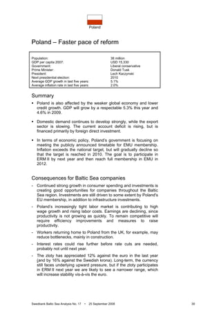 Poland
Swedbank Baltic Sea Analysis No. 17 • 25 September 2008 39
Poland – Faster pace of reform
Population: 38 million
GDP per capita 2007: USD 15,330
Government: Liberal conservative
Prime Minister: Donald Tusk
President: Lech Kaczynski
Next presidential election: 2010
Average GDP growth in last five years: 5.1%
Average inflation rate in last five years: 2.0%
Summary
Poland is also affected by the weaker global economy and lower
credit growth. GDP will grow by a respectable 5.3% this year and
4.6% in 2009.
Domestic demand continues to develop strongly, while the export
sector is slowing. The current account deficit is rising, but is
financed primarily by foreign direct investment.
In terms of economic policy, Poland’s government is focusing on
meeting the publicly announced timetable for EMU membership.
Inflation exceeds the national target, but will gradually decline so
that the target is reached in 2010. The goal is to participate in
ERM II by next year and then reach full membership in EMU in
2012.
Consequences for Baltic Sea companies
- Continued strong growth in consumer spending and investments is
creating good opportunities for companies throughout the Baltic
Sea region. Investments are still driven to some extent by Poland's
EU membership, in addition to infrastructure investments.
- Poland’s increasingly tight labor market is contributing to high
wage growth and rising labor costs. Earnings are declining, since
productivity is not growing as quickly. To remain competitive will
require efficiency improvements and measures to raise
productivity.
- Workers returning home to Poland from the UK, for example, may
reduce bottlenecks, mainly in construction.
- Interest rates could rise further before rate cuts are needed,
probably not until next year.
- The zloty has appreciated 12% against the euro in the last year
(and by 16% against the Swedish krona). Long-term, the currency
still faces underlying upward pressure, but if the zloty participates
in ERM II next year we are likely to see a narrower range, which
will increase stability vis-à-vis the euro.
 