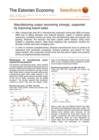 The Estonian Economy
Monthly newsletter from Swedbank’s Economic Research Department
by Maris Lauri, Elina Allikalt No. 1 • 19 May 2010
Economic Research Department. Swedbank AB. SE-105 34 Stockholm. Phone +46-8-5859 1000.
E-mail: ek.sekr@swedbank.com www.swedbank.com
Legally responsible publisher: Cecilia Hermansson, +46-8-5859 1588.
Maris Lauri, +372 6 131 202. Elina Allikalt, +372 6 131 989. Annika Paabut, +372 6 135 440.
Manufacturing output recovering strongly, supported
by improving export sales
 After a large-scale drop-off in manufacturing production during late 2008 and early
2009 due to falling domestic and external demand, output in Estonia started
recovering, confidence levels are rising, and manufacturing sales and exports are
growing. However, the recovery has been uneven within sectors, being more
notable in exporting sectors, while those targeting their production towards the
domestic market have been struggling more.
 In order to increase competitiveness, Estonian manufacturers have to continue to
restructure their production processes, diversify products, and search for new
export markets. Also, production should move from low-cost to higher-cost products
as the convergence process continues.
Weaknesses of manufacturing sector
exposed during downturn
The Estonian manufacturing sector, which suffered
a severe domestic and external demand drop-off at
the end of 2008 and the beginning of 2009, reached
its lowest production level about a year ago in April
2009. While signs of weaker domestic demand and
manufacturing sales were visible already in the
beginning of 2008, export demand declined sharply
at the end of 2008, coinciding with the global
recession. This decline lowered total production
volumes by about 40% from the highest levels
Manufacturing sector, Jan 2004 - Apr 2010
(Left scale: annual growth, working day adjusted; right
scale: points, s.a.)
-40%
-30%
-20%
-10%
0%
10%
20%
30%
2004 2005 2006 2007 2008 2009 2010
-50
-40
-30
-20
-10
0
10
20
30
40
Production, ls Conf idence, rsSources: SE, DG ECFIN
seen, in the beginning of 2008, to the levels of early
2003. In turn, confidence levels reached an all-time
low and export volumes plummeted.
Manufacturing production, Jan 2008 - Mar 2010
(Index Dec 2007=100, seasonally and working day
adjusted)
20
40
60
80
100
120
140
160
2008 2009 2010
electro-
nics
f ood
products
total
f urniture
wood, -
products
metal
products
building
materials
chemi-
calsSources: SE, Swedbank calculations
About a year ago, the biggest declines had been
left behind and stabilisation signs were visible. The
drop in domestic demand had slowed and external
demand even showed some recovery. As the
recovery in demand has since been uneven, the
growth in production has varied across sectors as
well. Branches, which are more dependent on
export sales, have recovered faster; this includes
among others the production of computer,
 