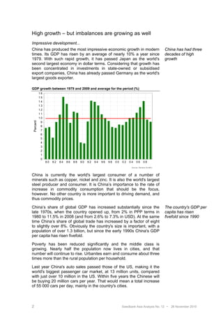 High growth – but imbalances are growing as well
Impressive development...
China has produced the most impressive economic growth in modern                                                     China has had three
times. Its GDP has risen by an average of nearly 10% a year since                                                    decades of high
1979. With such rapid growth, it has passed Japan as the world's                                                     growth
second largest economy in dollar terms. Considering that growth has
been concentrated in investments in state-owned or subsidised
export companies, China has already passed Germany as the world's
largest goods exporter.

GDP growth between 1979 and 2009 and average for the period (%)
           16
           15
           14
           13
           12
           11
           10
 Percent




            9
            8
            7
            6
            5
            4
            3
            2
            1
            0
                80   82   84   86   88   90   92   94   96   98   00   02   04       06          08
                                                                             S o u r c e : R e u te r s E c o W in




China is currently the world's largest consumer of a number of
minerals such as copper, nickel and zinc. It is also the world's largest
steel producer and consumer. It is China’s importance to the rate of
increase in commodity consumption that should be the focus,
however. No other country is more important to driving demand, and
thus commodity prices.

China’s share of global GDP has increased substantially since the                                                    The country's GDP per
late 1970s, when the country opened up, from 2% in PPP terms in                                                      capita has risen
1980 to 11.5% in 2008 (and from 2.6% to 7.3% in USD). At the same                                                    fivefold since 1990
time China’s share of global trade has increased by a factor of eight
to slightly over 8%. Obviously the country's size is important, with a
population of over 1.3 billion, but since the early 1990s China's GDP
per capita has risen fivefold.

Poverty has been reduced significantly and the middle class is
growing. Nearly half the population now lives in cities, and that
number will continue to rise. Urbanites earn and consume about three
times more than the rural population per household.

Last year China's auto sales passed those of the US, making it the
world's biggest passenger car market, at 13 million units, compared
with just over 10 million in the US. Within five years the Chinese will
be buying 20 million cars per year. That would mean a total increase
of 55 000 cars per day, mainly in the country's cities.



2                                                                      Swedbank Asia Analysis No. 12 •                  26 November 2010
 