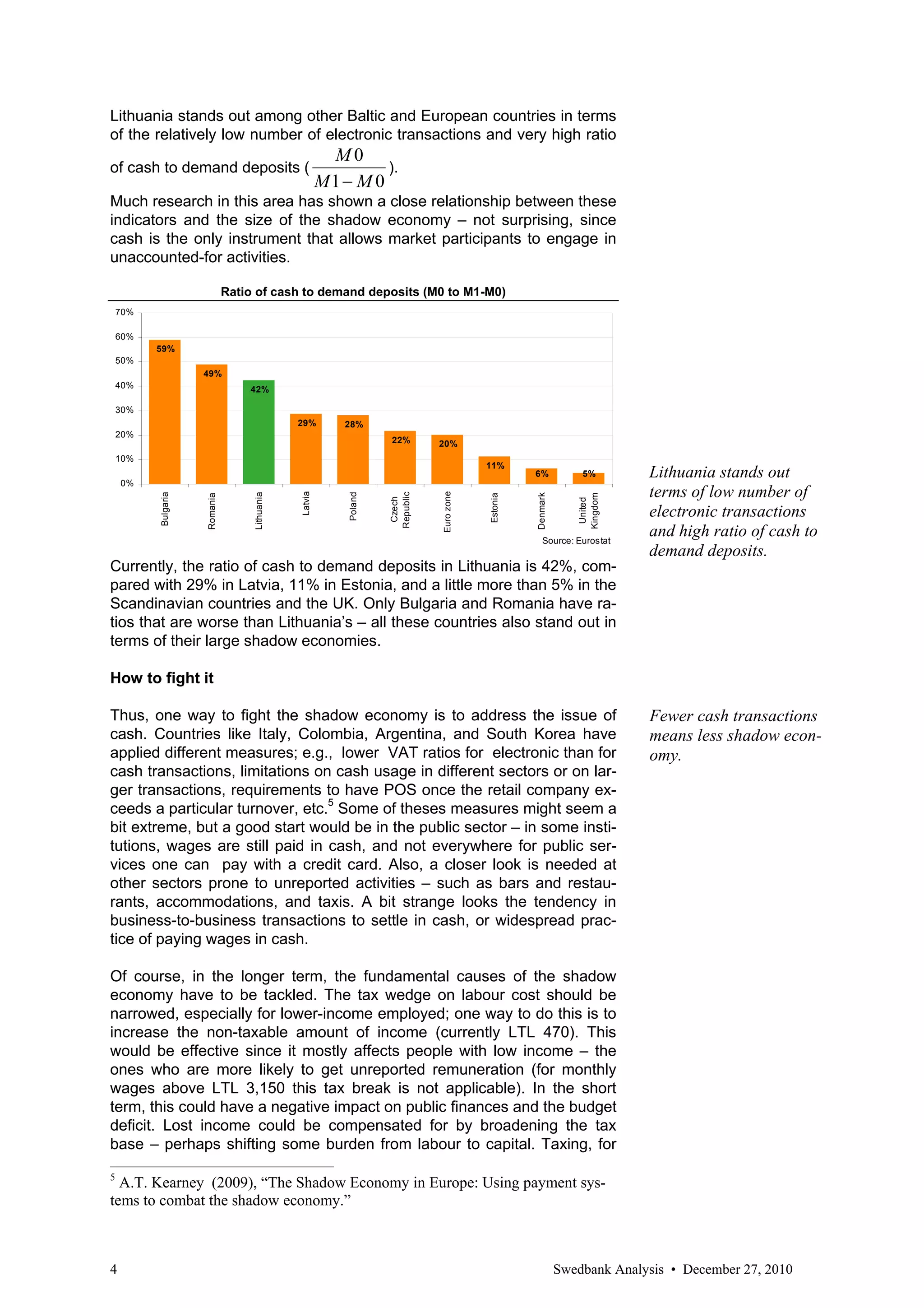 Lithuania stands out among other Baltic and European countries in terms
of the relatively low number of electronic transactions and very high ratio
                                                          M0
of cash to demand deposits (                                      ).
                                                         M1 − M 0
Much research in this area has shown a close relationship between these
indicators and the size of the shadow economy – not surprising, since
cash is the only instrument that allows market participants to engage in
unaccounted-for activities.

                               Ratio of cash to demand deposits (M0 to M1-M0)
    70%

    60%
          59%
    50%
                     49%
    40%                            42%

    30%
                                                29%          28%
    20%
                                                                       22%       20%
    10%
                                                                                             11%
                                                                                                       6%            5%        Lithuania stands out
    0%
                                                                                                                               terms of low number of
                                                Latvia




                                                                                 Euro zone
                                                                      Republic
          Bulgaria




                                    Lithuania




                                                             Poland




                                                                                                       Denmark




                                                                                                                    Kingdom
                     Romania




                                                                                             Estonia
                                                                       Czech




                                                                                                                     United
                                                                                                                               electronic transactions
                                                                                                           Source: Eurostat
                                                                                                                               and high ratio of cash to
                                                                                                                               demand deposits.
Currently, the ratio of cash to demand deposits in Lithuania is 42%, com-
pared with 29% in Latvia, 11% in Estonia, and a little more than 5% in the
Scandinavian countries and the UK. Only Bulgaria and Romania have ra-
tios that are worse than Lithuania’s – all these countries also stand out in
terms of their large shadow economies.

How to fight it

Thus, one way to fight the shadow economy is to address the issue of                                                           Fewer cash transactions
cash. Countries like Italy, Colombia, Argentina, and South Korea have                                                          means less shadow econ-
applied different measures; e.g., lower VAT ratios for electronic than for                                                     omy.
cash transactions, limitations on cash usage in different sectors or on lar-
ger transactions, requirements to have POS once the retail company ex-
ceeds a particular turnover, etc.5 Some of theses measures might seem a
bit extreme, but a good start would be in the public sector – in some insti-
tutions, wages are still paid in cash, and not everywhere for public ser-
vices one can pay with a credit card. Also, a closer look is needed at
other sectors prone to unreported activities – such as bars and restau-
rants, accommodations, and taxis. A bit strange looks the tendency in
business-to-business transactions to settle in cash, or widespread prac-
tice of paying wages in cash.

Of course, in the longer term, the fundamental causes of the shadow
economy have to be tackled. The tax wedge on labour cost should be
narrowed, especially for lower-income employed; one way to do this is to
increase the non-taxable amount of income (currently LTL 470). This
would be effective since it mostly affects people with low income – the
ones who are more likely to get unreported remuneration (for monthly
wages above LTL 3,150 this tax break is not applicable). In the short
term, this could have a negative impact on public finances and the budget
deficit. Lost income could be compensated for by broadening the tax
base – perhaps shifting some burden from labour to capital. Taxing, for

5
  A.T. Kearney (2009), “The Shadow Economy in Europe: Using payment sys-
tems to combat the shadow economy.”



4                                                                                                                Swedbank Analysis • December 27, 2010
 