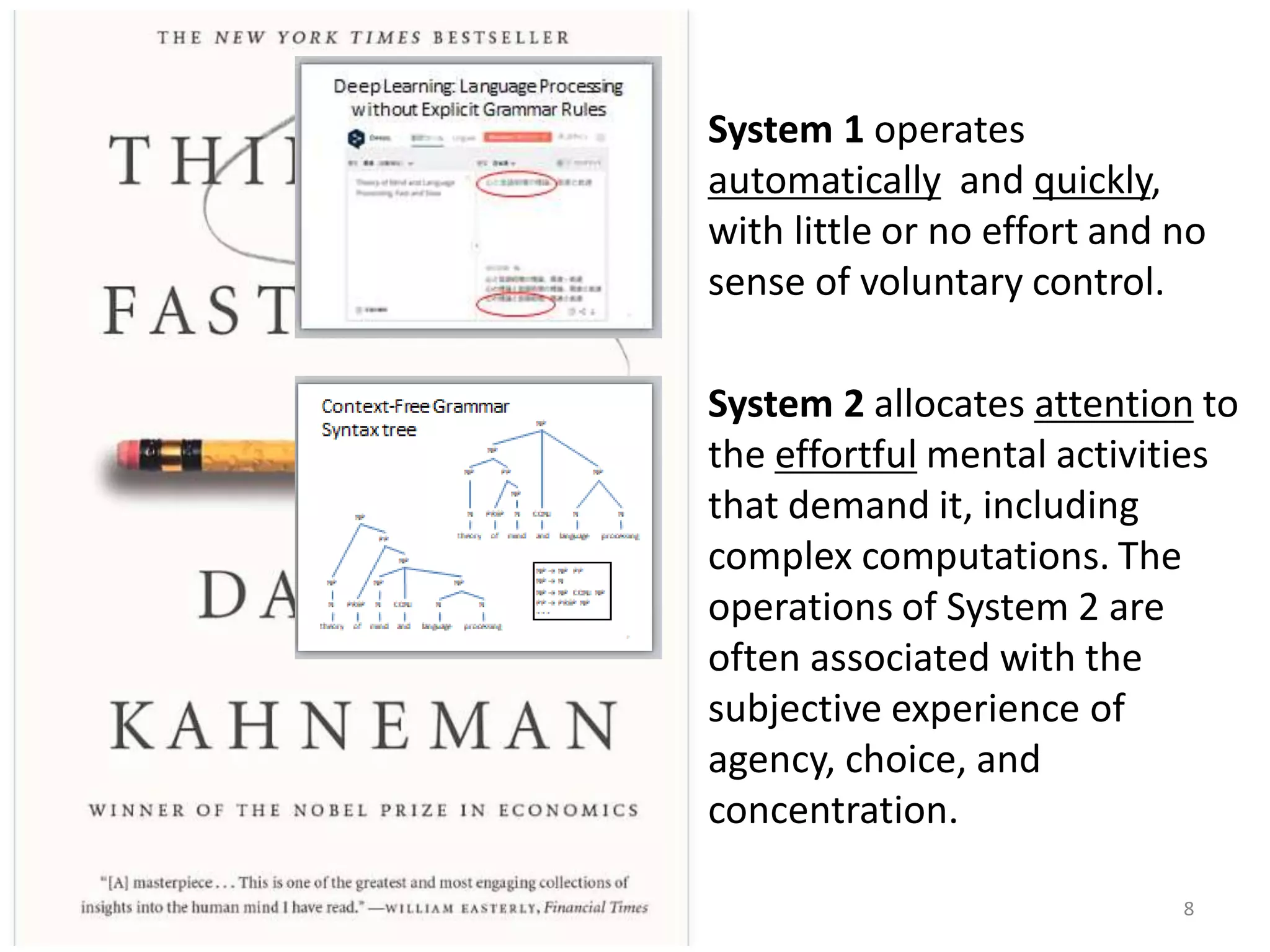 System 1 operates
automatically and quickly,
with little or no effort and no
sense of voluntary control.
System 2 allocates attention to
the effortful mental activities
that demand it, including
complex computations. The
operations of System 2 are
often associated with the
subjective experience of
agency, choice, and
concentration.
8
 