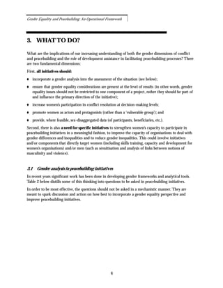 3. WHAT TO DO?
What are the implications of our increasing understanding of both the gender dimensions of conflict
and peacebuilding and the role of development assistance in facilitating peacebuilding processes? There
are two fundamental dimensions:
First, all initiatives should:
incorporate a gender analysis into the assessment of the situation (see below);
ensure that gender equality considerations are present at the level of results (in other words, gender
equality issues should not be restricted to one component of a project, rather they should be part of
and influence the primary direction of the initiative);
increase women’s participation in conflict resolution at decision-making levels;
promote women as actors and protagonists (rather than a ‘vulnerable group’); and
provide, where feasible, sex-disaggregated data (of participants, beneficiaries, etc.).
Second, there is also a need for specific initiatives to strengthen women’s capacity to participate in
peacebuilding initiatives in a meaningful fashion, to improve the capacity of organisations to deal with
gender differences and inequalities and to reduce gender inequalities. This could involve initiatives
and/or components that directly target women (including skills training, capacity and development for
women’s organisations) and/or men (such as sensitisation and analysis of links between notions of
masculinity and violence).
3.1 Gender analysis in peacebuilding initiatives
In recent years significant work has been done in developing gender frameworks and analytical tools.
Table 2 below distills some of this thinking into questions to be asked in peacebuilding initiatives.
In order to be most effective, the questions should not be asked in a mechanistic manner. They are
meant to spark discussion and action on how best to incorporate a gender equality perspective and
improve peacebuilding initiatives.
6
Gender Equality and Peacebuilding: An Operational Framework
 