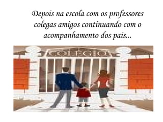 Depois na escola com os professores
colegas amigos continuando com o
acompanhamento dos pais...
 