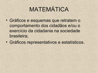 MATEMÁTICA
• Gráficos e esquemas que retratem o
comportamento dos cidadãos e/ou o
exercício da cidadania na sociedade
brasileira;
• Gráficos representativos e estatísticos.

 
