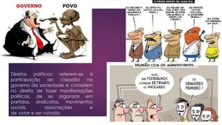 Direitos políticos: referem-se à
participação do cidadão no
governo da sociedade e consistem
no direito de fazer manifestações
políticas, de se organizar em
partidos, sindicatos, movimentos
sociais, associações e
de votar e ser votado;
 