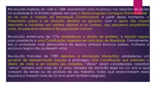 Revoluções Inglesas de 1640 e 1688: assinalaram uma mudança nas relações de poder
na sociedade e no Estado ingleses, em que a classe burguesa conseguiu limitar o poder
do rei com a criação da Monarquia Constitucional. A partir desse momento, o
Parlamento passa a ter atuação decisiva no governo, com o apoio das classes
mercantis e industriais nos centros urbanos e no campo, dos pequenos proprietários
rurais, da pequena nobreza e da população comum;
Revolução Americana de 1776: estabeleceu a divisão de poderes, a eleição regular
para presidente e uma Constituição baseada em princípios de liberdade. Formalmente,
era a sociedade mais democrática da época, embora brancos pobres, mulheres e
escravos negros não pudessem votar;
Revolução Francesa de 1789: derrubou a Monarquia Absolutista, estabeleceu um
governo de representação popular e promulgou uma Constituição que estendeu o
direito de votar e ser votado aos cidadãos “ativos” (eram considerados cidadãos
“ativos” homens com mais de 21 anos, dotados de domicílio legal há um ano e que
vivessem de renda ou do produto de seu trabalho. Todos que preenchessem esses
requisitos e tivessem mais de 25 anos eram também elegíveis).
 