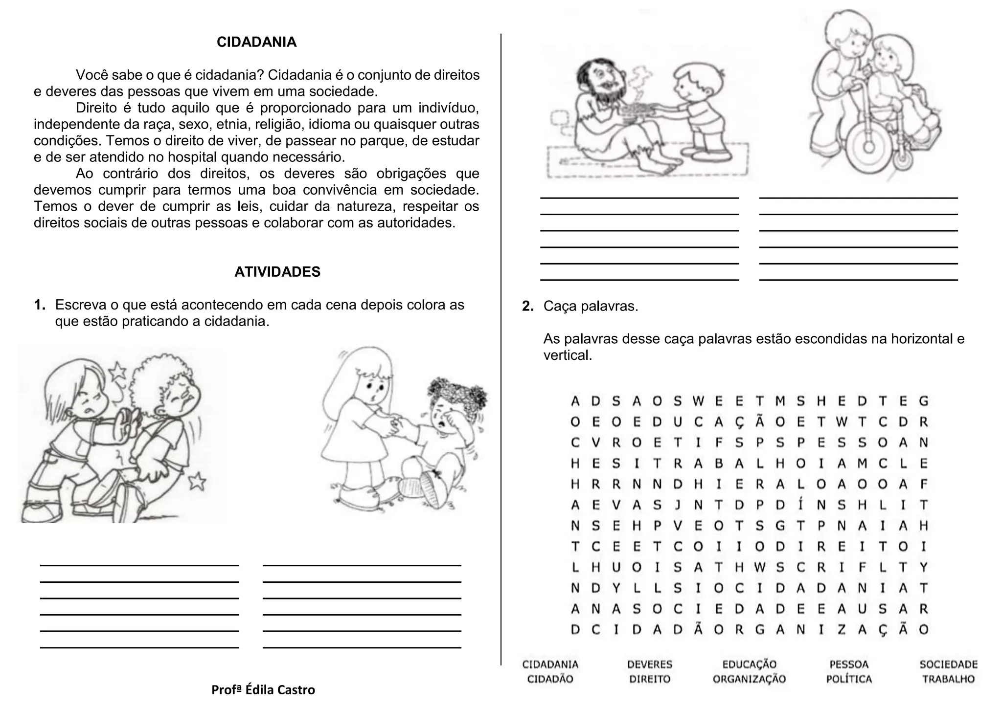 Atividade sobre cidadania para alunos dos 6º anos | DOCX