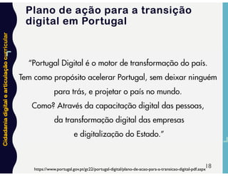 Cidadania
digital
e
articulação
curricular
18
https://www.portugal.gov.pt/gc22/portugal-digital/plano-de-acao-para-a-transicao-digital-pdf.aspx
Plano de ação para a transição
digital em Portugal
 
