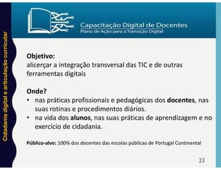 Cidadania
digital
e
articulação
curricular
23
Objetivo:
alicerçar a integração transversal das TIC e de outras
ferramentas digitais
Onde?
• nas práticas profissionais e pedagógicas dos docentes, nas
suas rotinas e procedimentos diários.
• na vida dos alunos, nas suas práticas de aprendizagem e no
exercício de cidadania.
Público-alvo: 100% dos docentes das escolas públicas de Portugal Continental
 