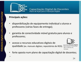 Cidadania
digital
e
articulação
curricular
24
Principais ações:
• disponibilização de equipamento individual a alunos e
professores (várias fases de entrega);
• garantia de conectividade móvel gratuita para alunos e
professores;
• acesso a recursos educativos digitais de
qualidade (ex. manuais digitais; repositórios de RED);
• forte aposta num plano de capacitação digital de docentes;
…
AE D. Afonso III,
Vinhais
 