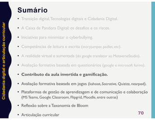 Cidadania
digital
e
articulação
curricular
• Transição digital,Tecnologias digitais e Cidadania Digital.
• A Caixa de Pandora Digital: os desafios e os riscos.
• Iniciativas para minimizar o cyberbullying.
• Competências de leitura e escrita (storyjumper, padlet, etc).
• A realidade virtual e aumentada (do google translator ao MetaverseStudio).
• Avaliação formativa baseada em questionários (google e microsoft forms).
• Contributo da aula invertida e gamificação.
• Avaliação formativa baseada em jogos (kahoot, Socrative, Quizizz, nearpod).
• Plataformas de gestão de aprendizagem e de comunicação e colaboração
(MS Teams, Google Classroom, Flipgrid, Moodle, entre outras)
• Reflexão sobre a Taxonomia de Bloom
• Articulação curricular 70
Sumário
 