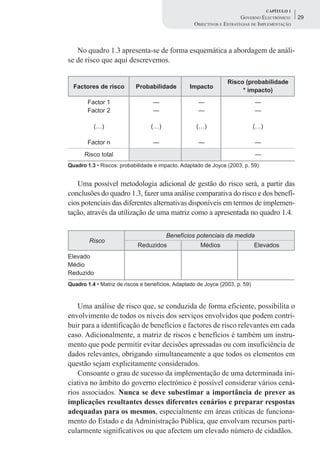 CAPÍTULO 1
                                                                       GOVERNO ELECTRÓNICO:      29
                                                   OBJECTIVOS E ESTRATÉGIAS DE IMPLEMENTAÇÃO



   No quadro 1.3 apresenta-se de forma esquemática a abordagem de análi-
se de risco que aqui descrevemos.

                                                                 Risco (probabilidade
  Factores de risco        Probabilidade         Impacto
                                                                      * impacto)
        Factor 1                  —                  —                        —
        Factor 2                  —                  —                        —

          (…)                     (…)               (…)                       (…)

        Factor n                  —                  —                        —
      Risco total                                                             —
Quadro 1.3 • Riscos: probabilidade e impacto. Adaptado de Joyce (2003, p. 59)


   Uma possível metodologia adicional de gestão do risco será, a partir das
conclusões do quadro 1.3, fazer uma análise comparativa do risco e dos benefí-
cios potenciais das diferentes alternativas disponíveis em termos de implemen-
tação, através da utilização de uma matriz como a apresentada no quadro 1.4.


                                        Benefícios potenciais da medida
        Risco
                            Reduzidos                 Médios                  Elevados
Elevado
Médio
Reduzido
Quadro 1.4 • Matriz de riscos e benefícios. Adaptado de Joyce (2003, p. 59)



   Uma análise de risco que, se conduzida de forma eficiente, possibilita o
envolvimento de todos os níveis dos serviços envolvidos que podem contri-
buir para a identificação de benefícios e factores de risco relevantes em cada
caso. Adicionalmente, a matriz de riscos e benefícios é também um instru-
mento que pode permitir evitar decisões apressadas ou com insuficiência de
dados relevantes, obrigando simultaneamente a que todos os elementos em
questão sejam explicitamente considerados.
   Consoante o grau de sucesso da implementação de uma determinada ini-
ciativa no âmbito do governo electrónico é possível considerar vários cená-
rios associados. Nunca se deve subestimar a importância de prever as
implicações resultantes desses diferentes cenários e preparar respostas
adequadas para os mesmos, especialmente em áreas críticas de funciona-
mento do Estado e da Administração Pública, que envolvam recursos parti-
cularmente significativos ou que afectem um elevado número de cidadãos.
 