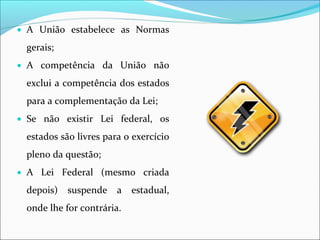 • A União estabelece as Normas
gerais;
• A competência da União não
exclui a competência dos estados
para a complementação da Lei;
• Se não existir Lei federal, os
estados são livres para o exercício
pleno da questão;
• A Lei Federal (mesmo criada
depois) suspende a estadual,
onde lhe for contrária.
 