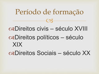 
Direitos civis – século XVIII
Direitos políticos – século
XIX
Direitos Sociais – século XX
Período de formação
 