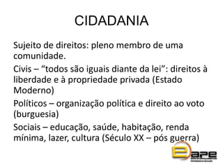 CIDADANIA
Sujeito de direitos: pleno membro de uma
comunidade.
Civis – “todos são iguais diante da lei”: direitos à
liberdade e à propriedade privada (Estado
Moderno)
Políticos – organização política e direito ao voto
(burguesia)
Sociais – educação, saúde, habitação, renda
mínima, lazer, cultura (Século XX – pós guerra)
 