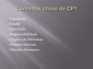 - Cidadania
- Estado
- Liberdade
- Responsabilidade
 - Orgãos de Soberania
 - Direitos laborais
 - Direitos Humanos
 