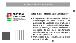 3. Políticas públicas de inclusão
Metas de ação global e estrutural até 2030:
a. Integração das dimensões do combate à
discriminação em razão do sexo e da
promoção da igualdade entre mulheres e
homens, e do combate à discriminação em
razão da orientação sexual, identidade e
expressão de género, e características
sexuais na governança a todos os níveis e
em todos os domínios;
b. Participação plena e igualitária na esfera
pública e privada;
 