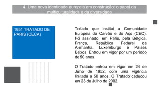 4. Uma nova identidade europeia em construção: o papel da
multiculturalidade e da diversidade
Tratado que institui a Comunidade
Europeia do Carvão e do Aço (CEC).
Foi assinado, em Paris, pela Bélgica,
França, República Federal da
Alemanha, Luxemburgo e Países
Baixos. Entrou em vigor por um período
de 50 anos.
O Tratado entrou em vigor em 24 de
Julho de 1952, com uma vigência
limitada a 50 anos. O Tratado caducou
em 23 de Julho de 2002.
1951 TRATADO DE
PARIS (CECA)
 