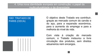 4. Uma nova identidade europeia em construção: o papel da
multiculturalidade e da diversidade
O objetivo deste Tratado era contribuir,
graças ao mercado comum do carvão e
do aço, para a expansão económica,
para o aumento do emprego e para a
melhoria do nível de vida.
Com vista à criação do mercado
comum, o Tratado instaurou a livre
circulação dos produtos, sem direitos
aduaneiros nem encargos.
1951 TRATADO DE
PARIS (CECA)
 