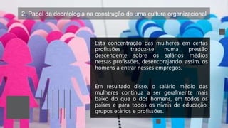 2. Papel da deontologia na construção de uma cultura organizacional
Esta concentração das mulheres em certas
profissões traduz-se numa pressão
descendente sobre os salários médios
nessas profissões, desencorajando, assim, os
homens a entrar nesses empregos.
Em resultado disso, o salário médio das
mulheres continua a ser geralmente mais
baixo do que o dos homens, em todos os
países e para todos os níveis de educação,
grupos etários e profissões.
 