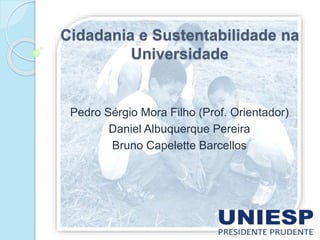 Cidadania e Sustentabilidade na
Universidade
Pedro Sérgio Mora Filho (Prof. Orientador)
Daniel Albuquerque Pereira
Bruno Capelette Barcellos
 