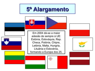 Em 2004 dá-se a maior
adesão de sempre à UE:
Estónia, Eslováquia, Rep.
Checa, Polónia, Chipre,
Letónia, Malta, Hungria,
Lituânia e Eslovénia,
formando a Europa dos 25.
5º Alargamento5º Alargamento
 