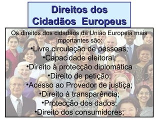 Direitos dosDireitos dos
Cidadãos EuropeusCidadãos Europeus
Os direitos dos cidadãos da União Europeia mais
importantes são:
•Livre circulação de pessoas;
•Capacidade eleitoral;
•Direito à protecção diplomática
•Direito de petição;
•Acesso ao Provedor de justiça;
•Direito à transparência;
•Protecção dos dados;
•Direito dos consumidores;
 