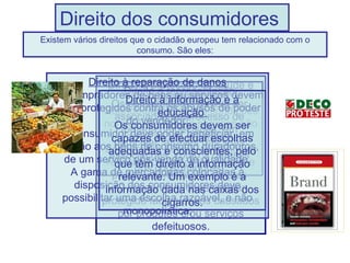 Direito dos consumidores
Direito à protecção da saúde e
segurança:
Quando utilizados em condições
normais, os bens e serviços não
deverão ser perigosos.
Em caso de perigo, deverão ser
retirados do mercado mediante
processos rápidos e simples
O consumidor deverá estar
protegido face a danos causados
por produtos e/ou serviços
defeituosos.
Existem vários direitos que o cidadão europeu tem relacionado com o
consumo. São eles:
Direito à representação
Os consumidores devem ser
associados ao processo de
tomada de decisões, em
particular, através das suas
associações, como a defesas
dos consumidores.
Direito à reparação de danos
Os compradores de bens ou serviços devem
estar protegidos contra os abusos de poder
do vendedor.
O consumidor deve poder beneficiar, em
relação aos bens de consumo duradouros,
de um serviço pós-venda de qualidade.
A gama de mercadorias colocadas à
disposição dos consumidores deve
possibilitar uma escolha razoável, e não
monopolística;
Direito à informação e à
educação
Os consumidores devem ser
capazes de efectuar escolhas
adequadas e conscientes, pelo
que têm direito à informação
relevante. Um exemplo é a
informação dada nas caixas dos
cigarros.
 