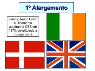 1º Alargamento1º Alargamento
Irlanda, Reino Unido
e Dinamarca
aderiram à CEE em
1973, constituindo a
Europa dos 9
 
