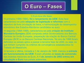 O Euro teve três fases:
•A primeira (1990-1994), foi o lançamento da UEM. Esta fase
caracterizou-se pela adopção de legislação e reformas com o
objectivo da livre circulação de bens, e harmonização do desempenho
económico dos Estados-Membros candidatos ao euro;
•A segunda (1994-1998), caracterizou-se pela criação do Instituto
Monetário Europeu (IEM) composto pelos Governadores dos Bancos
Centrais da União Europeia, preparação da criação do Banco Central
Europeu (BCE) e os Bancos Centrais Nacionais. No ano de 1998 foram
definidos os países aptos a passar à terceira fase da UEM, ou seja, os
que tinham cumprido os critérios de convergência estabelecidos no
Tratado de Maastricht;
•A terceira e última, iniciada a 1 de Janeiro de 1999, marcou a entrada
em funcionamento da UEM. Foram afixadas as taxas de conversão
das moedas nacionais ao Euro. A 1 de Janeiro de 2002 entrou em
circulação o Euro nos países aderentes.
O Euro – FasesO Euro – Fases
 