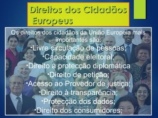 Direitos dos CidadãosDireitos dos Cidadãos
EuropeusEuropeus
Os direitos dos cidadãos da União Europeia mais
importantes são:
•Livre circulação de pessoas;
•Capacidade eleitoral;
•Direito à protecção diplomática
•Direito de petição;
•Acesso ao Provedor de justiça;
•Direito à transparência;
•Protecção dos dados;
•Direito dos consumidores;
 