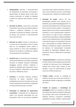 Enquadramento e Orientações Gerais | 15
que envolva todos sujeitos implicados; assume-se
como uma das possíveis vias para a concre zação
da educação para a cidadania no contexto escolar.
• Simulação de papéis: trata-se de uma
drama zação, baseada numa situação real ou
hipoté ca, que é explorada pedagogicamente. Os
alunossãoconfrontadoscomumasituaçãonaqual
têm de assumir diversos papéis. A simulação de
papéis proporciona aos alunos a oportunidade de
analisarem os seus comportamentos, experimen-
tarem colocar-se no lugar do outro, contactarem
com diferentes perspe vas e receberem feedback
sobre os seus comportamentos. Esta metodologia
contemplatrêsetapas:1)“preparação”(momento
para a apresentação da situação, definição dos
obje vos, atribuição dos papéis, esclarecimento
de dúvidas); 2) “representação” (simulação
de papéis); 3) “exploração” (feedback sobre a
experiência, síntese e reflexão sobre as principais
conclusões).
• “Tempestadedeideias”:visaes mularaprodução
de ideias através da diversidade de pensamentos
e opiniões de cada pessoa. Esta metodologia é
u lizada para suscitar ideias cria vas ou para
averiguar o grau de conhecimentos do grupo
acerca de um determinado tema.
• Trabalho criaƟvo: consiste na realização de
trabalhos manuais que servem para es mular a
capacidade de reflexão, imaginação e cria vidade
dos alunos.
• Trabalho de pesquisa / metodologia de
invesƟgação: baseia-se na pesquisa e análise de
informação,discussãodosresultadoseelaboração
de conclusões sobre temas relacionados com a
cidadania. Es mula a autonomia, cria vidade,
capacidade de análise, reflexão e argumentação
• Diálogo/debate: potencia o desenvolvimento
de competências de expressão, comunicação e
argumentação. Os debates devem incidir sobre
assuntos per nentes no âmbito da cidadania
e podem ser propostos pelo professor ou pelos
alunos.
• Discussão de dilemas: incide sobre a discussão
de questões morais através da análise de dilemas,
histórias e problemas hipoté cos ou reais,
suscitando o confronto de opiniões. A discussão
de dilemas visa promover o desenvolvimento
sócio-moral do aluno.
• Discussão em painel: consiste na discussão de
um tema com um especialista na área. O orador
pode ser um inves gador, técnico exterior à
escola, professor ou aluno. Esta metodologia é
frequente em colóquios e conferências, exigindo
uma preparação com antecedência.
• Estudo de caso: um estudo de caso corresponde à
análiseaprofundadadeumasituaçãoouproblema
ancorado na realidade. Enquanto metodologia
pedagógica permite conhecer problemas e
questões de cidadania, gerar discussão em torno
de várias temá cas e desenvolver a capacidade
de análise e reflexão dos alunos.
• NarraƟvas: as narra vas históricas, lendárias,
tradicionais ou épicas, cons tuem meios
privilegiadosparaveicularmensagensmorais,pois
incitam à expressão de sen mentos e à adoção de
um posicionamento perante a narra va.
• ParƟcipação na elaboração de regulamentos
comunitários: a elaboração de um regulamento
implica uma discussão aprofundada dos seus
pressupostos. Deve ser um processo par lhado
 