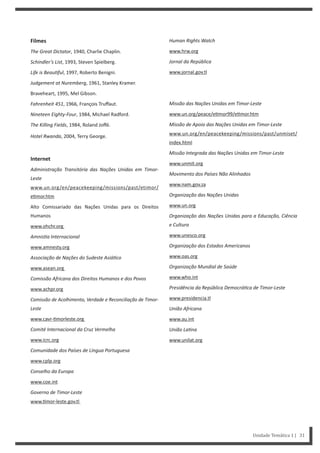 Human Rights Watch
www.hrw.org
Jornal da República
www.jornal.gov.tl
Missão das Nações Unidas em Timor-Leste
www.un.org/peace/e mor99/e mor.htm
Missão de Apoio das Nações Unidas em Timor-Leste
www.un.org/en/peacekeeping/missions/past/unmiset/
index.html
Missão Integrada das Nações Unidas em Timor-Leste
www.unmit.org
Movimento dos Países Não Alinhados
www.nam.gov.za
Organização das Nações Unidas
www.un.org
Organização das Nações Unidas para a Educação, Ciência
e Cultura
www.unesco.org
Organização dos Estados Americanos
www.oas.org
Organização Mundial de Saúde
www.who.int
Presidência da República DemocráƟca de Timor-Leste
www.presidencia.tl
União Africana
www.au.int
União LaƟna
www.unilat.org
Filmes
The Great Dictator, 1940, Charlie Chaplin.
Schindler’s List, 1993, Steven Spielberg.
Life is BeauƟful, 1997, Roberto Benigni.
Judgement at Nuremberg, 1961, Stanley Kramer.
Braveheart, 1995, Mel Gibson.
Fahrenheit 451, 1966, François Truﬀaut.
Nineteen Eighty-Four, 1984, Michael Radford.
The Killing Fields, 1984, Roland Joﬀé.
Hotel Rwanda, 2004, Terry George.
Internet
Administração Transitória das Nações Unidas em Timor-
Leste
www.un.org/en/peacekeeping/missions/past/etimor/
e mor.htm
Alto Comissariado das Nações Unidas para os Direitos
Humanos
www.ohchr.org
AmnisƟa Internacional
www.amnesty.org
Associação de Nações do Sudeste AsiáƟco
www.asean.org
Comissão Africana dos Direitos Humanos e dos Povos
www.achpr.org
Comissão de Acolhimento, Verdade e Reconciliação de Timor-
Leste
www.cavr- morleste.org
Comité Internacional da Cruz Vermelha
www.icrc.org
Comunidade dos Países de Língua Portuguesa
www.cplp.org
Conselho da Europa
www.coe.int
Governo de Timor-Leste
www. mor-leste.gov.tl
Unidade Temática 1 | 31
 