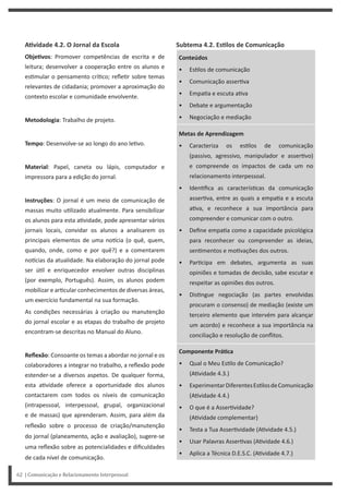 Subtema 4.2. EsƟlos de Comunicação
Conteúdos
• Es los de comunicação
• Comunicação asser va
• Empa a e escuta a va
• Debate e argumentação
• Negociação e mediação
Metas de Aprendizagem
• Caracteriza os es los de comunicação
(passivo, agressivo, manipulador e asser vo)
e compreende os impactos de cada um no
relacionamento interpessoal.
• Iden fica as caracterís cas da comunicação
asser va, entre as quais a empa a e a escuta
a va, e reconhece a sua importância para
compreender e comunicar com o outro.
• Define empa a como a capacidade psicológica
para reconhecer ou compreender as ideias,
sen mentos e mo vações dos outros.
• Par cipa em debates, argumenta as suas
opiniões e tomadas de decisão, sabe escutar e
respeitar as opiniões dos outros.
• Dis ngue negociação (as partes envolvidas
procuram o consenso) de mediação (existe um
terceiro elemento que intervém para alcançar
um acordo) e reconhece a sua importância na
conciliação e resolução de conflitos.
Componente PráƟca
• Qual o Meu Es lo de Comunicação?
(A vidade 4.3.)
• ExperimentarDiferentesEs losdeComunicação
(A vidade 4.4.)
• O que é a Asser vidade?
(A vidade complementar)
• Testa a Tua Asser vidade (A vidade 4.5.)
• Usar Palavras Asser vas (A vidade 4.6.)
• Aplica a Técnica D.E.S.C. (A vidade 4.7.)
AƟvidade 4.2. O Jornal da Escola
ObjeƟvos: Promover competências de escrita e de
leitura; desenvolver a cooperação entre os alunos e
es mular o pensamento crí co; refle r sobre temas
relevantes de cidadania; promover a aproximação do
contexto escolar e comunidade envolvente.
Metodologia: Trabalho de projeto.
Tempo: Desenvolve-se ao longo do ano le vo.
Material: Papel, caneta ou lápis, computador e
impressora para a edição do jornal.
Instruções: O jornal é um meio de comunicação de
massas muito u lizado atualmente. Para sensibilizar
os alunos para esta a vidade, pode apresentar vários
jornais locais, convidar os alunos a analisarem os
principais elementos de uma no cia (o quê, quem,
quando, onde, como e por quê?) e a comentarem
no cias da atualidade. Na elaboração do jornal pode
ser ú l e enriquecedor envolver outras disciplinas
(por exemplo, Português). Assim, os alunos podem
mobilizar e ar cular conhecimentos de diversas áreas,
um exercício fundamental na sua formação.
As condições necessárias à criação ou manutenção
do jornal escolar e as etapas do trabalho de projeto
encontram-se descritas no Manual do Aluno.
Reflexão: Consoante os temas a abordar no jornal e os
colaboradores a integrar no trabalho, a reflexão pode
estender-se a diversos aspetos. De qualquer forma,
esta a vidade oferece a oportunidade dos alunos
contactarem com todos os níveis de comunicação
(intrapessoal, interpessoal, grupal, organizacional
e de massas) que aprenderam. Assim, para além da
reflexão sobre o processo de criação/manutenção
do jornal (planeamento, ação e avaliação), sugere-se
uma reflexão sobre as potencialidades e dificuldades
de cada nível de comunicação.
62 | Comunicação e Relacionamento Interpessoal
 