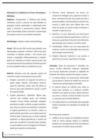 3. Natureza morta: Apresente aos alunos um
conjunto de folhagem seca, pequenos troncos e
paus, sementes de frutos secas, grãos de areia e
pequenas pedras, cola, fita adesiva, corda de sisal,
tesoura e cartão para colar. Poderá fazer uma
visita de campo ao recinto escolar envolvente e
recolher o material a usar.
4. Desenho a 4 cores: Apresente uma tela branca
ou uma grande folha de papel branca e limite os
alunosaousodelápise ntasde4coresdiferentes
(por exemplo, azul, amarelo, vermelho, preto).
5. Combinações: Poderá criar uma nova palete de
materiais a par r de combinações dos materiais
apresentados anteriormente.
6. Original: Selecione materiais à sua escolha e
apresente aos alunos, seguindo as instruções.
Instruções: Antes de apresentar a a vidade aos
alunos: Escolha diferentes materiais atendendo
aos recursos disponíveis (consulte as sugestões de
material). No entanto, existem três regras a cumprir:
1. O material deverá ser previamente selecionado
pelo professor e deverá ser cedido aos alunos no
momento de apresentação da a vidade;
2. O material deverá ser idên co para todos os
alunos (por exemplo, se o professor escolher
trabalhar com papel de jornal, deverá fornecer
aos alunos o mesmo número de folhas de jornal
e, se possível, de conteúdo idên co);
3. As criações devem ser preparadas para exposição
ver cal (colocadas em exposição nas paredes da
escola).
Será importante assegurar:
1. Cedência de um espaço nas instalações escolares
onde os alunos possam realizar os trabalhos
ar s cos com acompanhamento de um professor
(se possível, em horário extracurricular);
AƟvidade 5.3. Cidadania em Timor: PerspeƟvas
MúlƟplas
ObjeƟvos: Compreender a influência dos fatores
individuais, sociais e culturais de cada indivíduo na
produção cria va; desenvolver a colaboração entre
pares e es mular o pensamento cria vo; refle r
sobre a diversidade cria va; promover a aproximação
do contexto escolar à comunidade envolvente.
Metodologia: Trabalho cria vo; debate/diálogo.
Tempo: 180 minutos (60 minutos para elaborar uma
ideia/projeto e preparar o material + 60 minutos para
concre zar o trabalho ar s co + 60 minutos para
montar a exposição). Preferencialmente, o trabalho
deverá ser realizado em horário extracurricular com
acompanhamentodeumprofessor.Senãoforpossível,
os alunos poderão realizar os trabalhos em casa.
Material: Selecione uma das seguintes opções de
material ou sugira uma proposta à sua escolha:
1. Colagens: apresente um conjunto de jornais ou
papel an go, folhetos informa vos diversos,
papel de embrulho, cartão, cola, fita adesiva e
tesoura; peça para trabalharem apenas a par r
do material cedido.
2. Criação geométrica: Apresente figuras geo-
métricas com medidas iguais; por exemplo,
triângulo, círculo, cilindro, quadrado, retângulo;
providencie cartão, cartolina ou papel colorido e
cola. Peça aos alunos que desenhem e recortem
as figuras geométricas na cartolina, cartão ou
papel colorido, para fazer a sua criação a par r do
material dado. Esclareça que os alunos poderão
reproduzir as figuras geométricas o número de
vezes que considerem necessário (por exemplo,
um aluno poderá usar 14 triângulos e 4 cilindros),
desde que respeitem as dimensões.
78 | Criatividade e Mudança
 