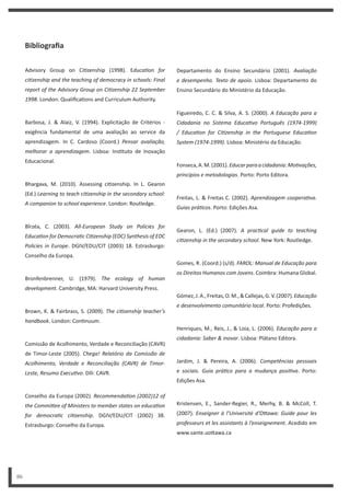 Departamento do Ensino Secundário (2001). Avaliação
e desempenho. Texto de apoio. Lisboa: Departamento do
Ensino Secundário do Ministério da Educação.
Figueiredo, C. C. & Silva, A. S. (2000). A Educação para a
Cidadania no Sistema EducaƟvo Português (1974-1999)
/ EducaƟon for CiƟzenship in the Portuguese EducaƟon
System (1974-1999). Lisboa: Ministério da Educação.
Fonseca,A.M.(2001).Educarparaacidadania:MoƟvações,
princípios e metodologias. Porto: Porto Editora.
Freitas, L. & Freitas C. (2002). Aprendizagem cooperaƟva.
Guias práƟcos. Porto: Edições Asa.
Gearon, L. (Ed.) (2007). A pracƟcal guide to teaching
ciƟzenship in the secondary school. New York: Routledge.
Gomes, R. (Coord.) (s/d). FAROL: Manual de Educação para
os Direitos Humanos com Jovens. Coimbra: Humana Global.
Gómez,J.A.,Freitas,O.M.,&Callejas,G.V.(2007).Educação
e desenvolvimento comunitário local. Porto: Profedições.
Henriques, M., Reis, J., & Loia, L. (2006). Educação para a
cidadania: Saber & inovar. Lisboa: Plátano Editora.
Jardim, J. & Pereira, A. (2006). Competências pessoais
e sociais. Guia práƟco para a mudança posiƟva. Porto:
Edições Asa.
Kristensen, E., Sander-Regier, R., Merhy, B. & McColl, T.
(2007). Enseigner à l’Université d’OƩawa: Guide pour les
professeurs et les assistants à l’enseignement. Acedido em
www.sante.uo awa.ca
Bibliografia
Advisory Group on Ci zenship (1998). EducaƟon for
ciƟzenship and the teaching of democracy in schools: Final
report of the Advisory Group on CiƟzenship 22 September
1998. London: Qualifica ons and Curriculum Authority.
Barbosa, J. & Alaiz, V. (1994). Explicitação de Critérios -
exigência fundamental de uma avaliação ao service da
aprendizagem. In C. Cardoso (Coord.) Pensar avaliação,
melhorar a aprendizagem. Lisboa: Ins tuto de Inovação
Educacional.
Bhargava, M. (2010). Assessing ci zenship. In L. Gearon
(Ed.) Learning to teach ciƟzenship in the secondary school:
A companion to school experience. London: Routledge.
Bîrzéa, C. (2003). All-European Study on Policies for
EducaƟon for DemocraƟc CiƟzenship (EDC) Synthesis of EDC
Policies in Europe. DGIV/EDU/CIT (2003) 18. Estrasburgo:
Conselho da Europa.
Bronfenbrenner, U. (1979). The ecology of human
development. Cambridge, MA: Harvard University Press.
Brown, K. & Fairbrass, S. (2009). The ciƟzenship teacher’s
handbook. London: Con nuum.
Comissão de Acolhimento, Verdade e Reconciliação (CAVR)
de Timor-Leste (2005). Chega! Relatório da Comissão de
Acolhimento, Verdade e Reconciliação (CAVR) de Timor-
Leste, Resumo ExecuƟvo. Díli: CAVR.
Conselho da Europa (2002). RecommendaƟon (2002)12 of
the CommiƩee of Ministers to member states on educaƟon
for democraƟc ciƟzenship. DGIV/EDU/CIT (2002) 38.
Estrasburgo: Conselho da Europa.
86
 