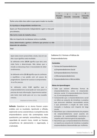 Subtema 5.2. Formas e Práticas de
Empreendedorismo
Conteúdos
• Formas de Empreendedorismo
a) Empreendedorismo Social
b) Empreendedorismo Feminino
c) Microempreendedorismo
• Empreendedorismo e Microcrédito
Metas de Aprendizagem
• Sabe que existem diferentes formas de
empreendedorismo, como: 1) empreende-
dorismo social; 2) empreendedorismo femini-
no; 3) microempreendedorismo.
• Compreende que o empreendedorismo social
se refere ao conjunto de iniciativas e projetos
que procuram satisfazer necessidades sociais
e que promovem a criação de valor social,
inovação e mudança com impacto de larga
escala.
• Reconhece que o desenvolvimento de projetos
de empreendedorismo social assenta em
princípios de sustentabilidade económica e
respeito pelo interesse geral da população.
• Reconhece que o empreendedorismo feminino
se reporta ao conjunto de iniciativas e projetos
empreendedores desenvolvidos por mulheres.
Após todos terem preenchido o teste, leia em voz
alta o que significa cada resultado:
Se obtiveste entre 18-24 significa que tens uma
visão forte e determinada. Não deixes que a
missão se desvaneça face à necessidade de obter
rendimentos.
Se obtiveste entre 12-18 significa que te conheces
e equilibras a tua paixão com um pouco de
pragmatismo. Queres ter sucesso e comprometes-
-te se for preciso.
Se obtiveste entre 4-12 significa que o
empreendedorismo social pode ser novo para ti e
precisas de mais informação. Experimenta realizar
este teste mais tarde para ver se a tua ousadia
cresceu.
Adaptado de Ashton (2010).
Reflexão: Questione se os alunos ficaram surpre-
endidos com os resultados. Aprofunde a reflexão,
explorando outras características e competências dos
empreendedores sociais não contempladas neste
questionário, por exemplo: autoconfiança, iniciativa,
capacidade de assumir riscos, resistir ao fracasso,
competências de planeamento e organização, e
criatividade.
1
Discordo
muito
2
Discordo
3
Concordo
4
Concordo
Muito
Tenho uma visão clara sobre o que quero mudar no mundo.
As injustiças e desigualdades revoltam-me.
Quero ser financeiramente independente e gerir o meu pró-
prio dinheiro.
Não tenho medo do trabalho árduo.
Não me importo de me destacar entre a multidão.
Estou determinado a ganhar o dinheiro que preciso e a não
depender de subsídios.
Total
Unidade Temática 5 | 89
 