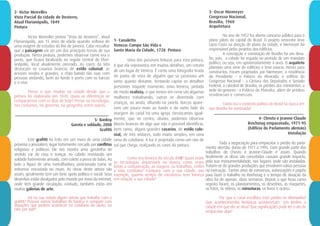 1- Canaletto
Veneza: Campo São Vida e
Santa Maria da Cidade, 1728 Pintura
Uma das possíveis leituras para esta pintura,
é que ela representa, em muitos detalhes, um retrato
de um lugar de Veneza. É como uma fotografia tirada
do ponto de vista de alguém que se posiciona um
tanto quanto distante, tentando captar os detalhes
presentes naquele momento. Uma Veneza, pintada
de modo realista, o que temos em cena são algumas
mulheres trabalhando, outras se divertindo com
crianças, ou ainda, olhando na janela. Barcos apare-
cem um pouco mais ao fundo e do outro lado da
margem do canal há uma igreja. Destacamos igual-
mente, que no centro, abaixo, podemos observar
blocos brancos de algo que não é possível identificar,
bem como, alguns grandes casarios, de estilo colo-
nial, de três andares, tudo muito simples, em uma
cena do cotidiano. A luz é projetada como um raio de
sol que chega, realçando as cores da pintura.
Como era Veneza do século XVIII? Quais eram
as tecnologias disponíveis na época, como eram
feitas a comunicação, as viagens, os trabalhos, enfim
a vida cotidiana? Compare com a sua cidade, por
exemplo, quanto tempo de existência tem Veneza
em relação a sua cidade?
2- Victor Meirelles
Vista Parcial da cidade de Desterro,
Atual Florianópolis, 1849
Pintura
Victor Meirelles pintou “Vista do desterro”, atual
Florianópolis, aos 15 anos de idade quando voltava de
uma viagem de estudos do Rio de Janeiro. Cabe ressaltar
que a paisagem vai ser um dos principais temas de sua
produção. Nesta pintura, podemos observar como era o
porto, que ficava localizado na região central de Flori-
anópolis, local atualmente aterrado. As cores da tela
destacam os casarios brancos de estilo colonial, as
árvores verdes e grandes, o chão batido das ruas com
pessoas andando, bem ao fundo o porto com os barcos
e o mar.
Pense o que mudou na cidade desde que a
pintura foi elaborada em 1849. Quais as diferenças se
compararmos com os dias de hoje? Pense na tecnologia,
nos costumes, no governo, na geografia, entre outros.
3- Oscar Niemeyer
Congresso Nacional,
Brasília, 1960
Arquitetura
No ano de 1957 foi aberto concurso público para o
plano piloto da capital do Brasil. O projeto vencedor teve
Lúcio Costa na direção do plano da cidade, e Niemeyer foi
responsável pelos projetos dos edifícios.
A concepção e construção de Brasília foi um desa-
fio, pois, a cidade foi erguida no período de um mandato
político, ou seja, em apriximadamente 4 anos. O arquiteto
planejou uma série de edifícios e teve poucos meses para
construí-los. Foram projetados por Niemeyer, a residência
do Presidente - o Palácio da Alvorada; o edifício do
Congresso Nacional - a Câmara dos Deputados e Senado
Federal; a catedral de Brasília; os prédios dos ministérios; a
sede do governo - o Palácio do Planalto, além de prédios
residenciais e comerciais.
Como era o contexto político do Brasil na época em
que Brasília foi construída?
4- Christo e Jeanne-Claude
Reichstag empacotado, 1971-95
(Edifício do Parlamento alemão)
Instalação
Toda a negociação para empacotar o prédio do parla-
mento alemão, durou de 1971 a 1995. Com grande parte dos
trabalhos de Christo e Jeanne-Claude é assim. Quando
finalmente as obras são concebidas causam grande impacto,
pela sua monumentalidade, nos lugares onde são instaladas.
Tratam-se de grandes produções que envolvem várias pessoas
na execução. Tantos anos de conversas, autorizações e papéis
para fazer o trabalho no Reichstag e o tempo de duração da
obra foi de apenas duas semanas. Depois o que ficou como
registro foram, os planejamentos, os desenhos, as maquetes,
as fotos, os vídeos, as miniaturas, os livros e outros.
Por que o casal escolheu este prédio na Alemanha?
Que acontecimentos históricos aconteceram em Berlim, a
cidade em que ele se situa? Que significações pode ter o ato de
empacotar algo?
5- Banksy
Garota e soldado, 2008
Grafitti
Este grafitti foi feito em um muro de uma cidade
próxima a Jerusalém, lugar fortemente cercado por conflitos
religiosos e políticos. Ele nos mostra uma garotinha de
vestido cor de rosa e tranças no cabelo revistando um
soldado fortemente armado, com colete a prova de balas. Ao
lado a figura de uma metralhadora, posicionada como se
estivesse encostada no muro. As obras deste artista são
assim, geralmente tem um forte apelo político e social. Seus
desenhos estão divulgados pelo mundo por meio da internet,
onde tem grande circulação, contudo, também estão em
muitas galerias de arte.
Há na sua cidade algum artista que trabalhe com o
grafitti? Procure outros trabalhos de Banksy e compare com
situações que podem acontecer no cotidiano do aluno, ou
não, por quê?
 
