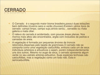 O Cerrado:  é o segundo maior bioma brasileiro,possui duas estações bem definidas (inverno seco e verão chuvoso).Existem vários tipos de cerrado: campo limpo, campo sujo,stricto sensu , cerradão ou mata galeria e mata ciliar. O relevo do cerrado é acidentado, com poucas áreas planas. Nos morros mais altos são encontrados, argila com inclusões de pedras e camadas de areia. A vegetação é formada por pequenas árvores de troncos retorcidos,dispersas pelo tapete de gramíneas.O cerrado não se comporta como uma vegetação caducifólia, embora cada um de seus indivíduos arbóreos e arbustivos o sejam, porém independentemente uns dos outros. Mesmo no auge da seca, o cerrado apresenta algum verde no seu estrato arbóreo-arbustivo. Suas espécies lenhosas são caducifólias, mas a vegetação como um todo não. Esta é semicaducifólia.    