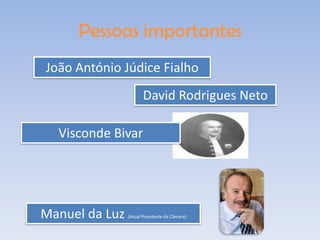 Pessoas importantes
João António Júdice Fialho
                       David Rodrigues Neto

  Visconde Bivar




Manuel da Luz   (Atual Presidente da Câmara)
 