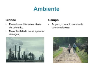 Ambiente
Cidade
• Elevados e diferentes níveis
de poluição;
• Maior facilidade de se apanhar
doenças;
Campo
• Ar puro, contacto constante
com a natureza;
 